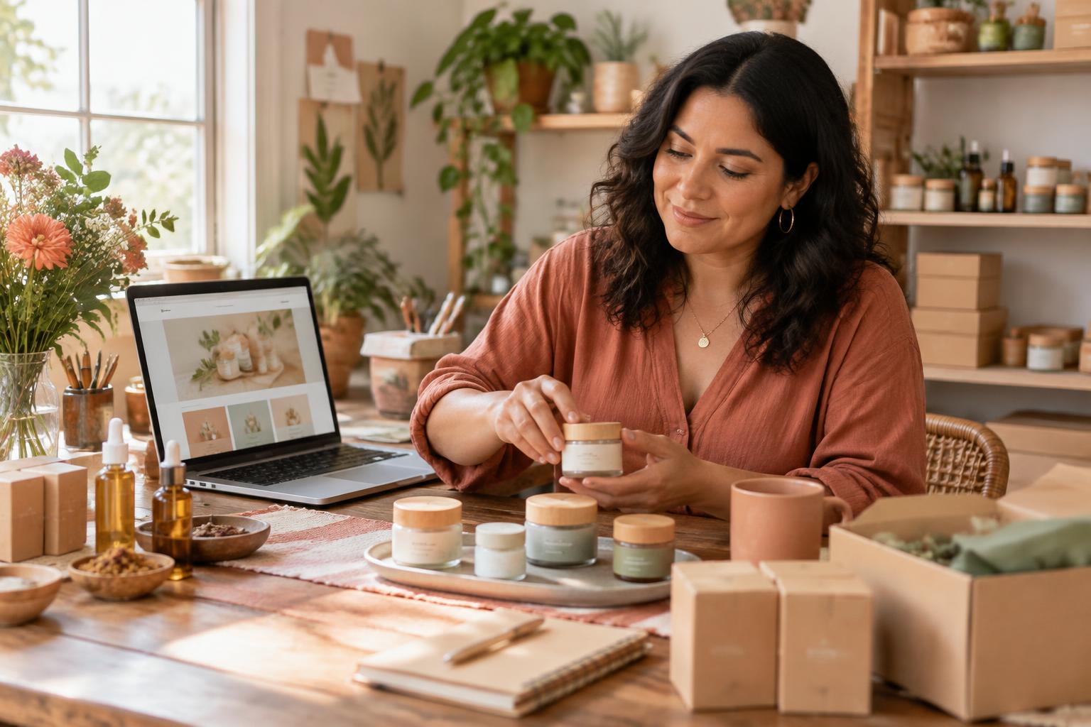 Emprendedora trabajando en su negocio con su mini web
